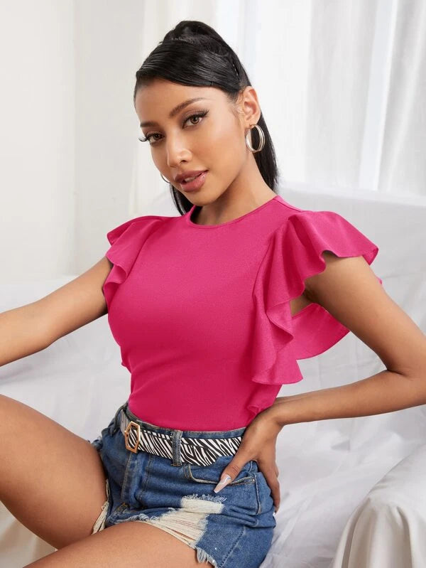 SHEIN PETITE Solid Ruffle Trim Tee