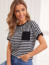 SHEIN Patch Pocket Two Tone Striped Tee