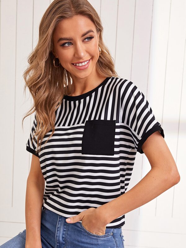 SHEIN Patch Pocket Two Tone Striped Tee