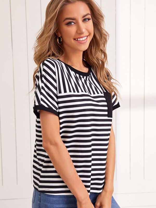 SHEIN Patch Pocket Two Tone Striped Tee