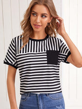 SHEIN Patch Pocket Two Tone Striped Tee