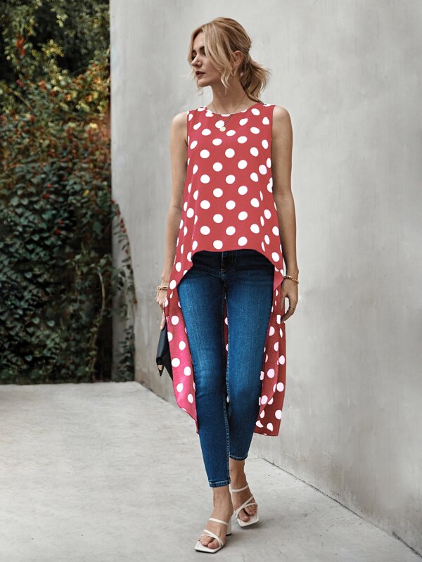 SHEIN Polka Dot Sleeveless High Low Longline Blouse