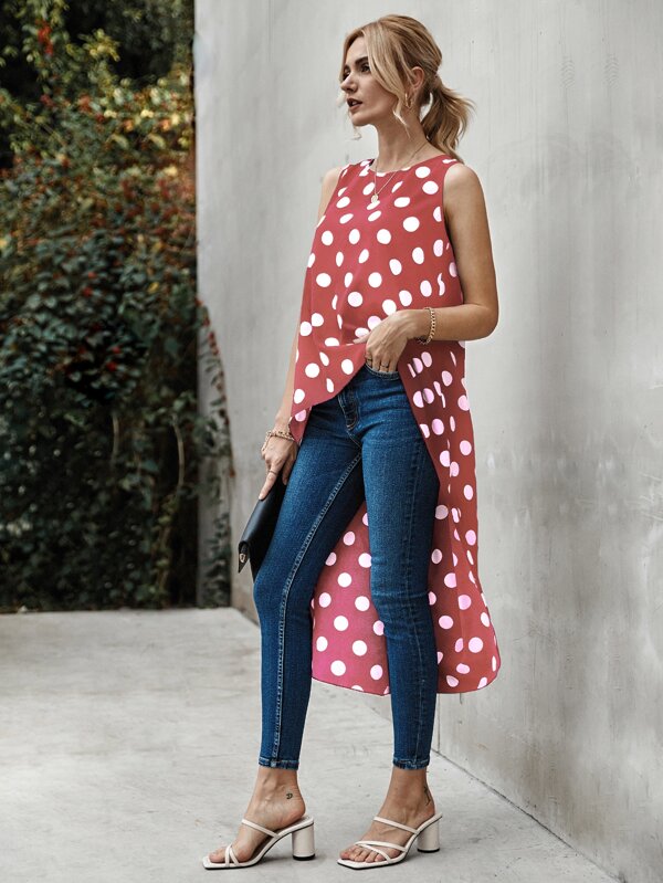 SHEIN Polka Dot Sleeveless High Low Longline Blouse