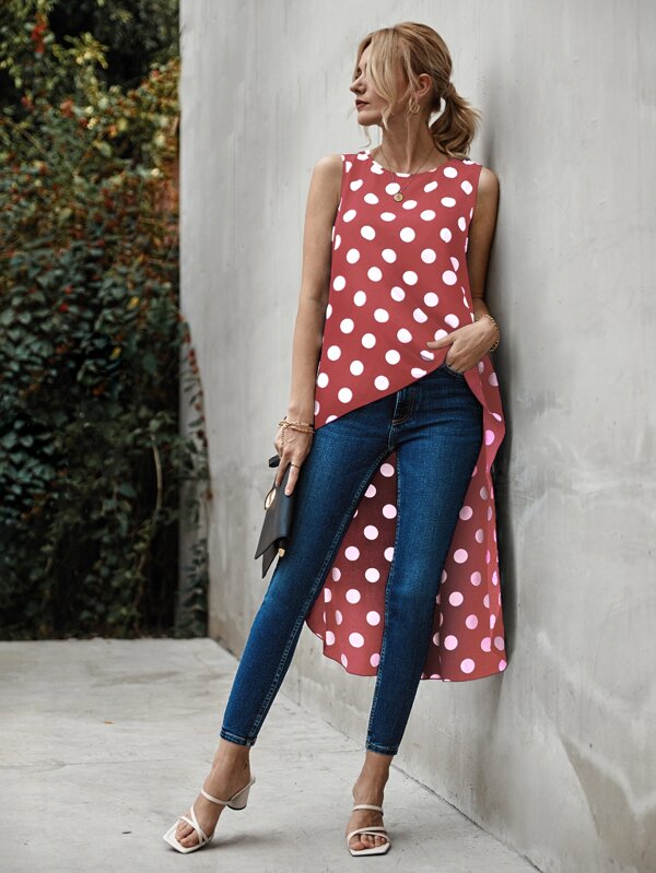 SHEIN Polka Dot Sleeveless High Low Longline Blouse