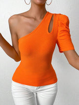 SHEIN Privé One Shoulder Cut Out Puff Sleeve Tee
