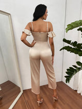 SHEIN SXY Cold Shoulder Ruffle Trim Satin Jumpsuit