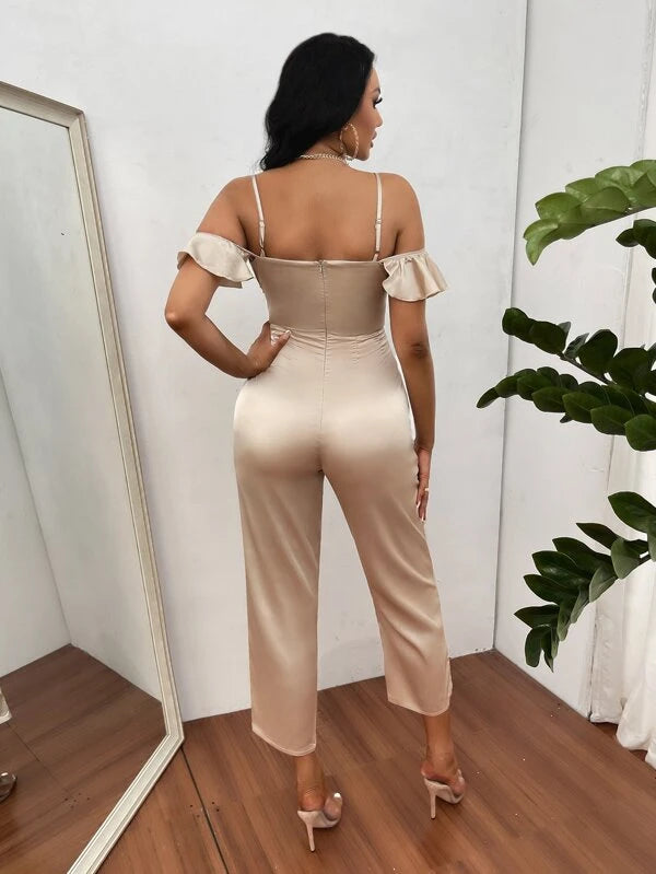 SHEIN SXY Cold Shoulder Ruffle Trim Satin Jumpsuit