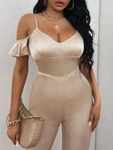 SHEIN SXY Cold Shoulder Ruffle Trim Satin Jumpsuit