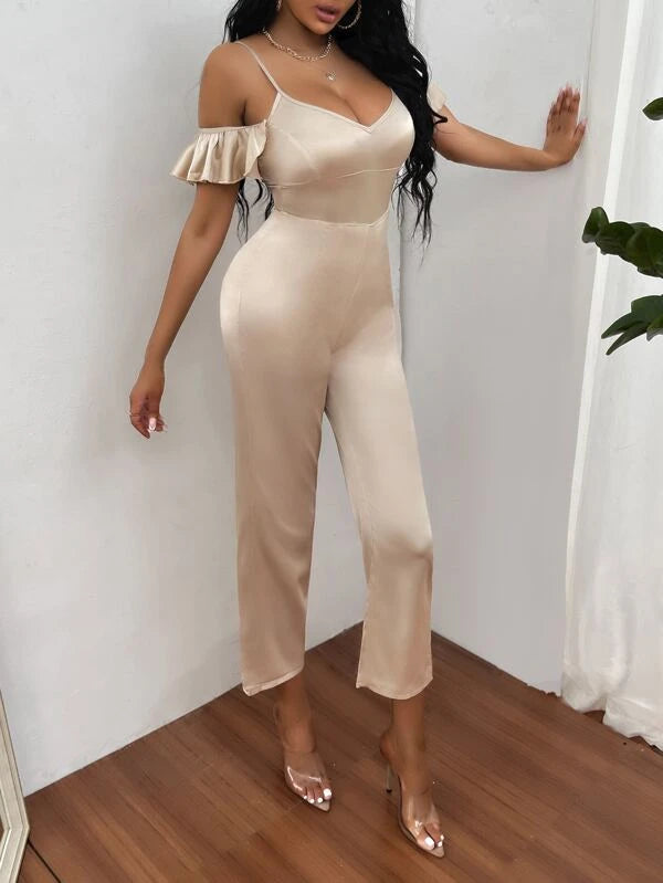 SHEIN SXY Cold Shoulder Ruffle Trim Satin Jumpsuit