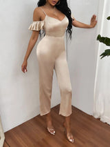 SHEIN SXY Cold Shoulder Ruffle Trim Satin Jumpsuit
