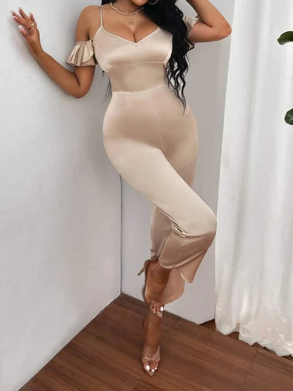 SHEIN SXY Cold Shoulder Ruffle Trim Satin Jumpsuit