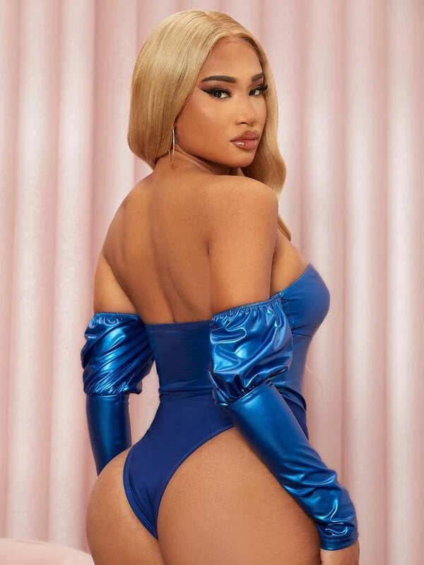 SHEIN SXY Twist Cutout Front Gigot Sleeve PU Leather Bodysuit