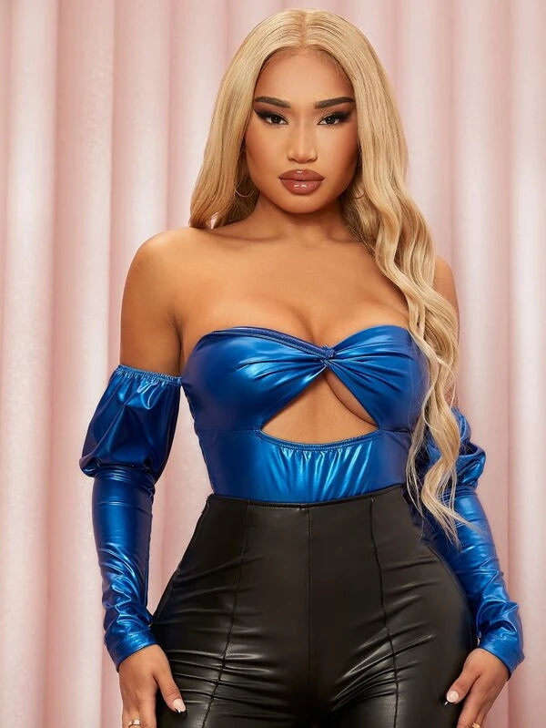 SHEIN SXY Twist Cutout Front Gigot Sleeve PU Leather Bodysuit