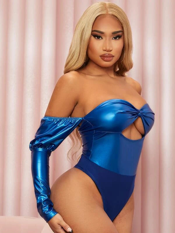 SHEIN SXY Twist Cutout Front Gigot Sleeve PU Leather Bodysuit