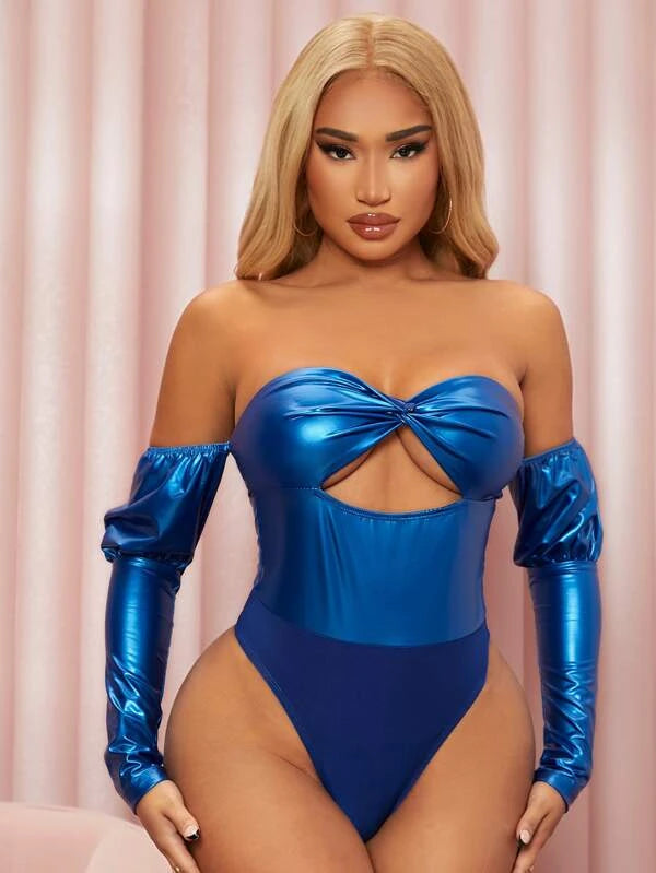 SHEIN SXY Twist Cutout Front Gigot Sleeve PU Leather Bodysuit