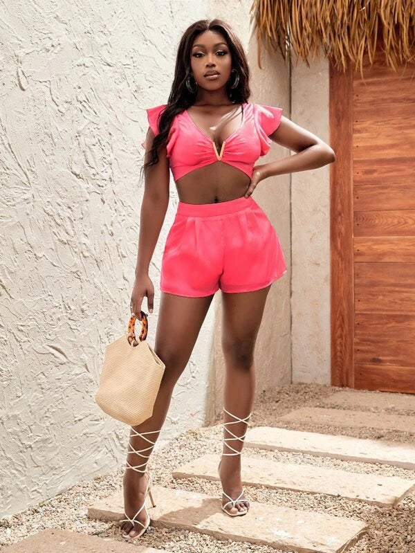 SHEIN SXY V Wired Butterfly Sleeve Crop Satin Top &amp; Plicated Detail Shorts