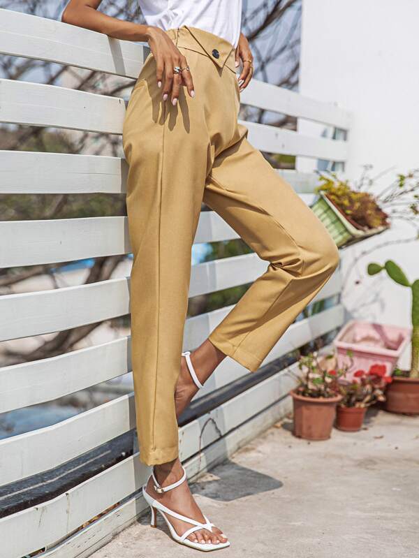 SHEIN  Solid Zipper Side Button Detail Pants