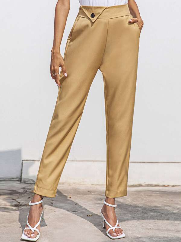 SHEIN Solid Zipper Side Button Detail Pants