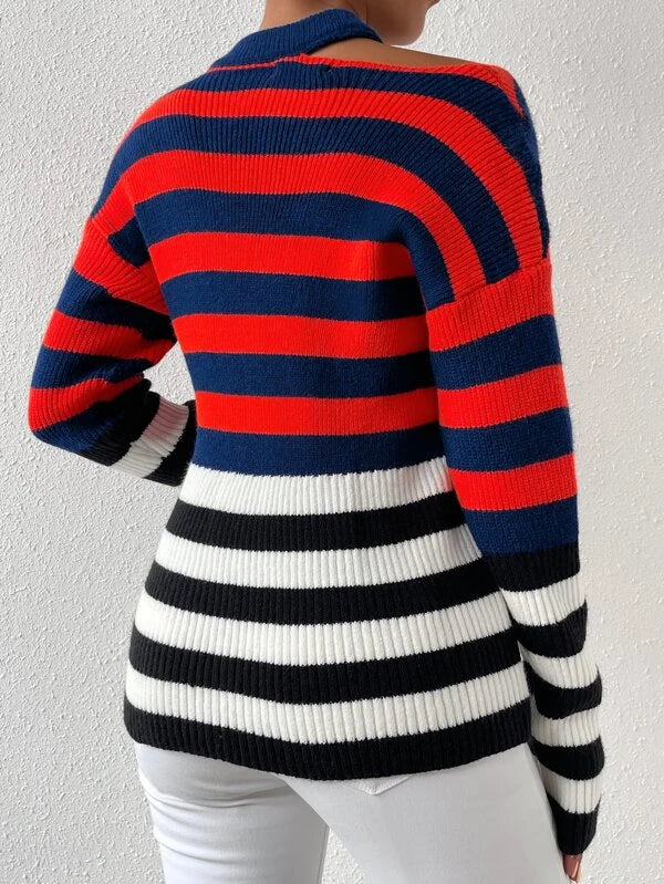 SHEIN Striped Pattern Cut Out Drop Shoulder Sweater - view 2