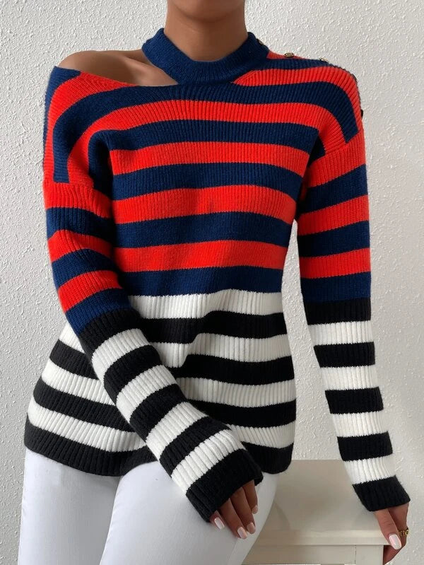 SHEIN Striped Pattern Cut Out Drop Shoulder Sweater - view 3