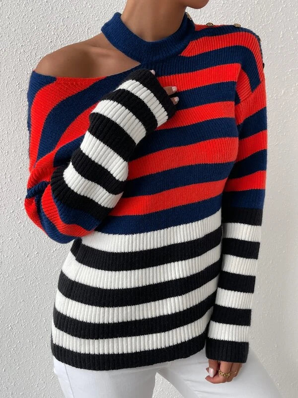 SHEIN  Striped Pattern Cut Out Drop Shoulder Sweater