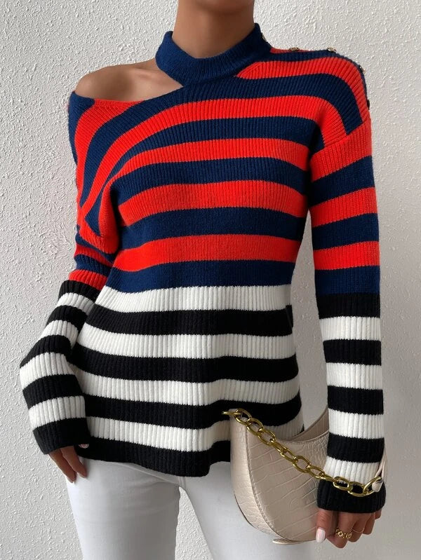 SHEIN Striped Pattern Cut Out Drop Shoulder Sweater - view 5
