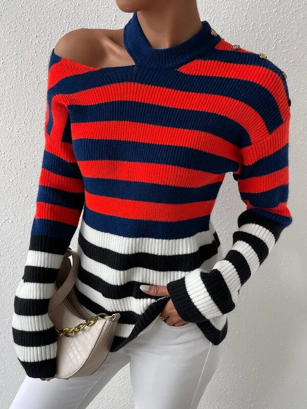 SHEIN Striped Pattern Cut Out Drop Shoulder Sweater