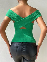 SHEIN  Textured Wrap Cross Off Shoulder Tee