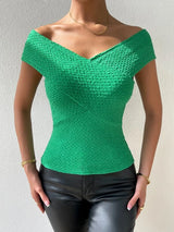 SHEIN  Textured Wrap Cross Off Shoulder Tee