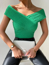 SHEIN Textured Wrap Cross Off Shoulder Tee