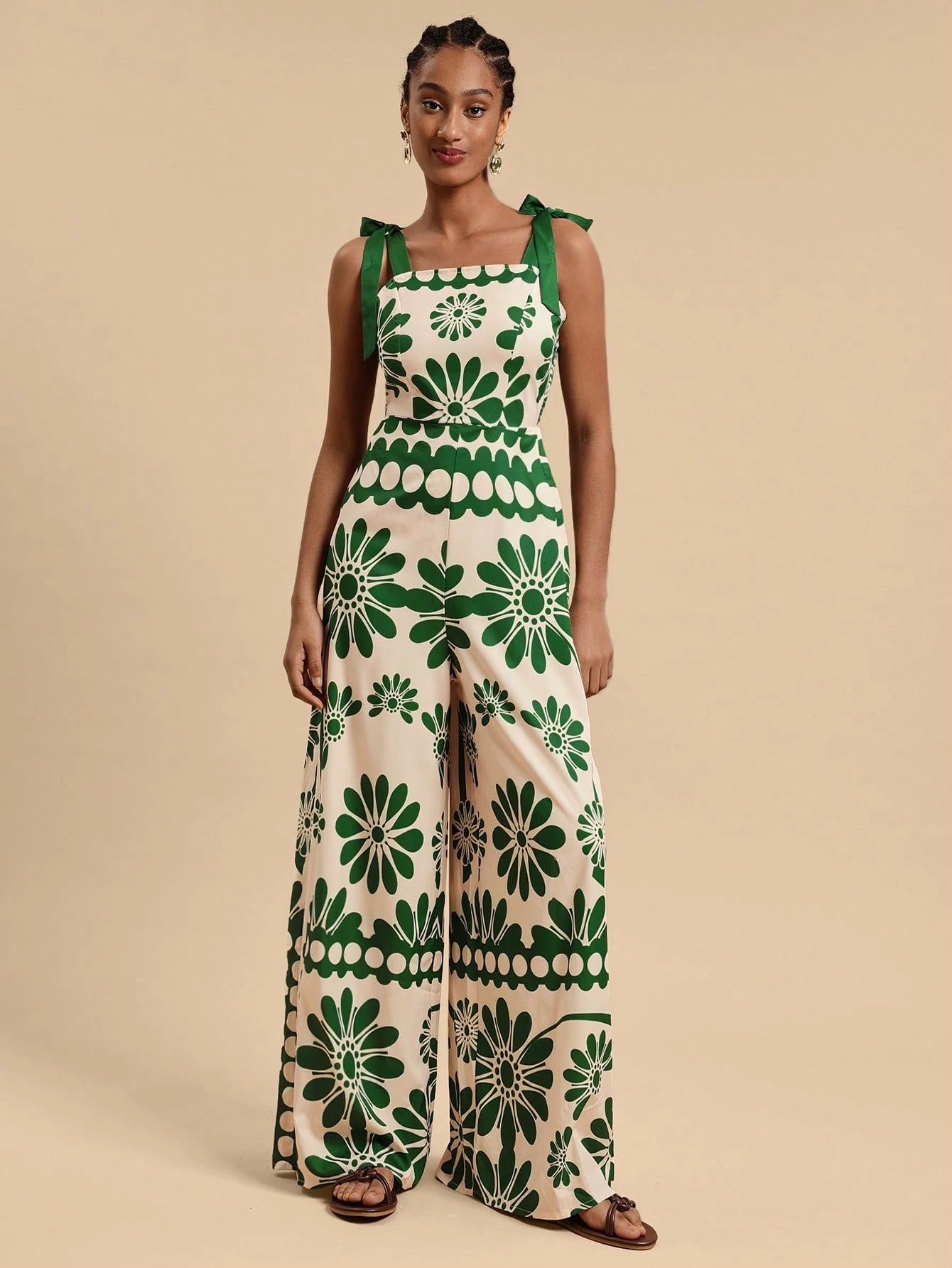 SHEIN Travachic Women's Floral Print Tied Shoulder Wide Leg Jumpsuit