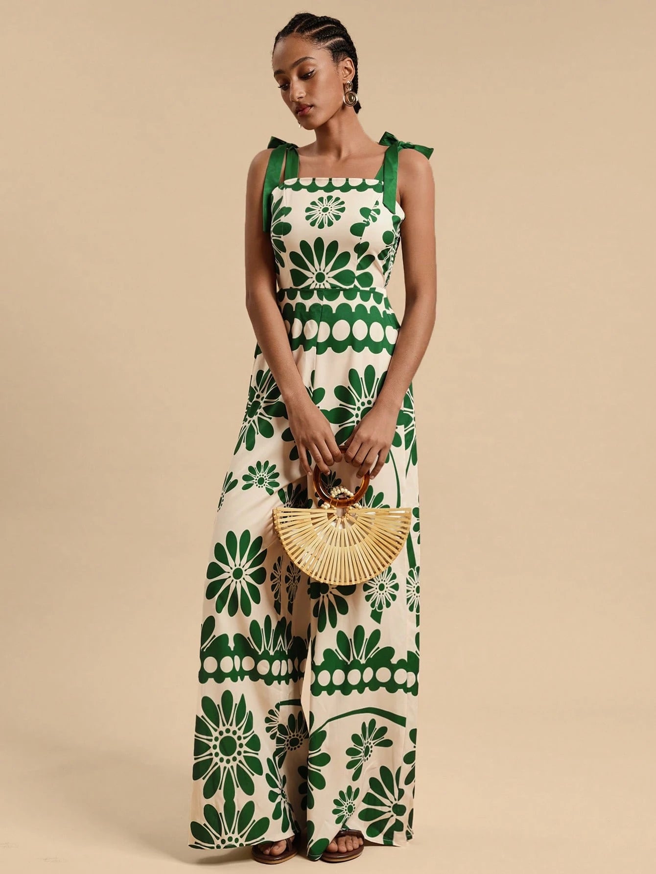 SHEIN Travachic Women's Floral Print Tied Shoulder Wide Leg Jumpsuit