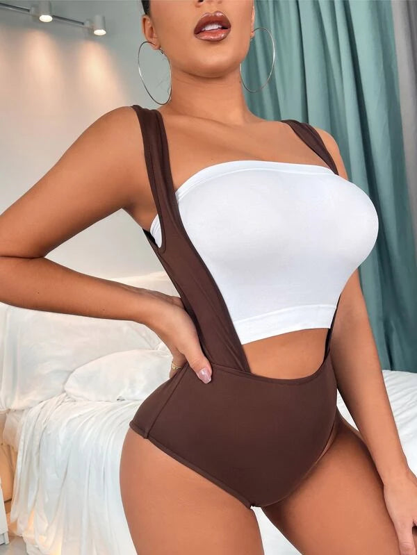 SHEIN Two Tone Cut Out Skinny Bodysuit Without tee