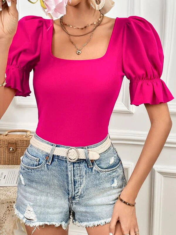 SHEIN Unity Square Neck Flounce Sleeve Top - view 4