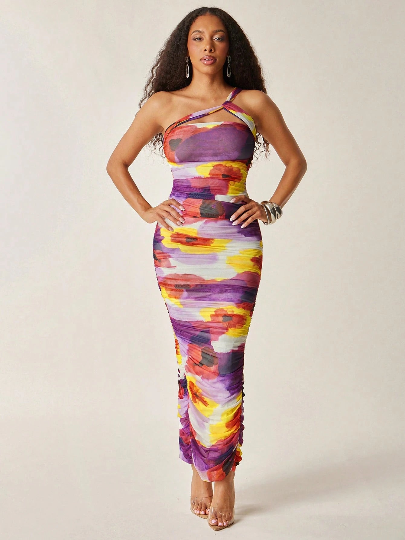 SHEIN Vixey Fully Lined Floral Print Mesh One Shoulder Ruched Maxi Dress