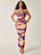 SHEIN Vixey Fully Lined Floral Print Mesh One Shoulder Ruched Maxi Dress