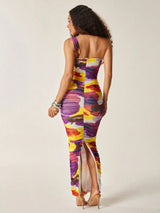 SHEIN Vixey Fully Lined Floral Print Mesh One Shoulder Ruched Maxi Dress