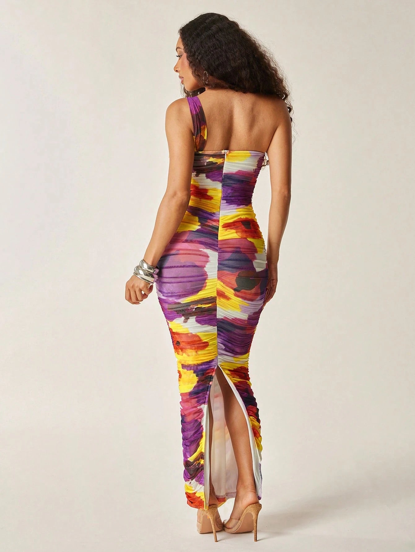 SHEIN Vixey Fully Lined Floral Print Mesh One Shoulder Ruched Maxi Dress