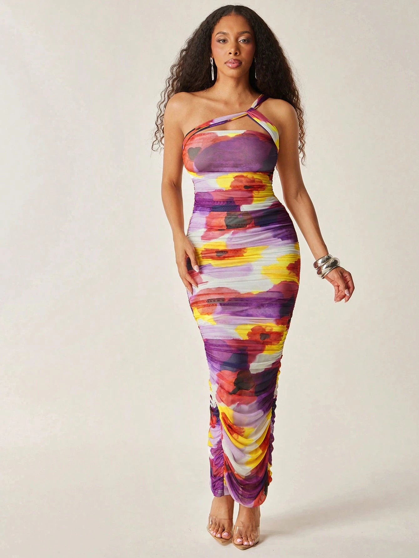 SHEIN Vixey Fully Lined Floral Print Mesh One Shoulder Ruched Maxi Dress