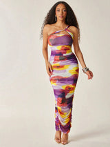 SHEIN Vixey Fully Lined Floral Print Mesh One Shoulder Ruched Maxi Dress