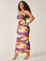 SHEIN Vixey Fully Lined Floral Print Mesh One Shoulder Ruched Maxi Dress