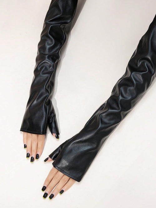 SHEIN Women's Fashion Daily Wear Half Finger PU Long Gloves