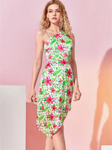 SHEIN X Bethany Grace Floral Print Rhinestone Chain Detail Asymmetrical Neck Irregular Hem Dress