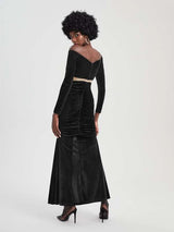 SHEIN X Dayra Couture Off Shoulder Contrast Mesh Ruched Split Thigh Velvet Dress