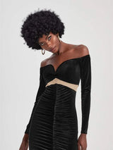 SHEIN X Dayra Couture Off Shoulder Contrast Mesh Ruched Split Thigh Velvet Dress