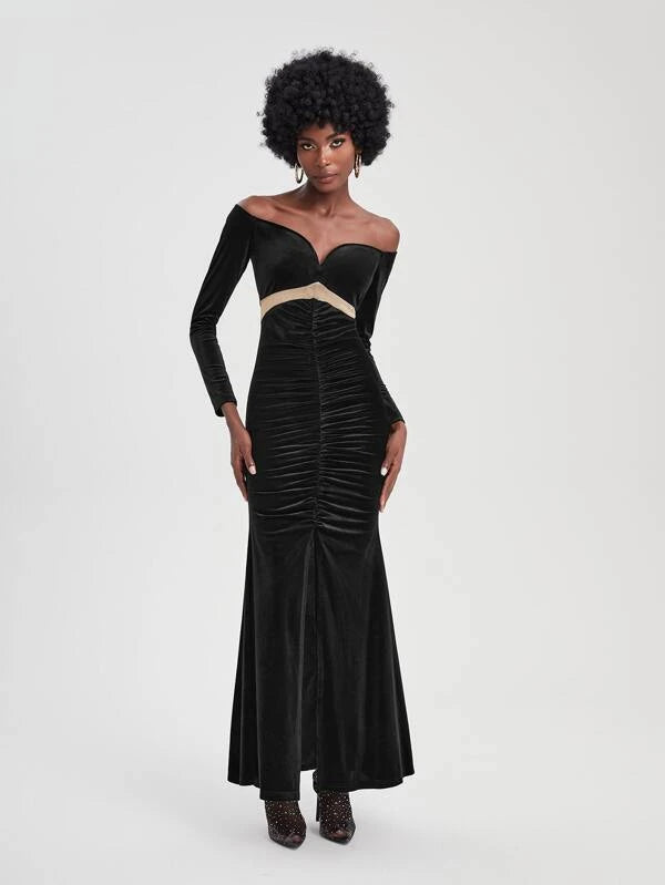 SHEIN X Dayra Couture Off Shoulder Contrast Mesh Ruched Split Thigh Velvet Dress