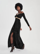 SHEIN X Dayra Couture Off Shoulder Contrast Mesh Ruched Split Thigh Velvet Dress