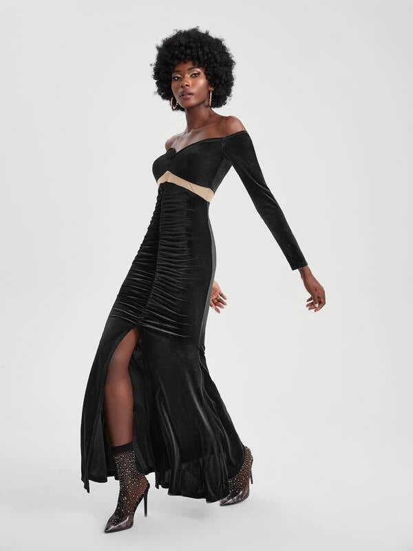 SHEIN X Dayra Couture Off Shoulder Contrast Mesh Ruched Split Thigh Velvet Dress