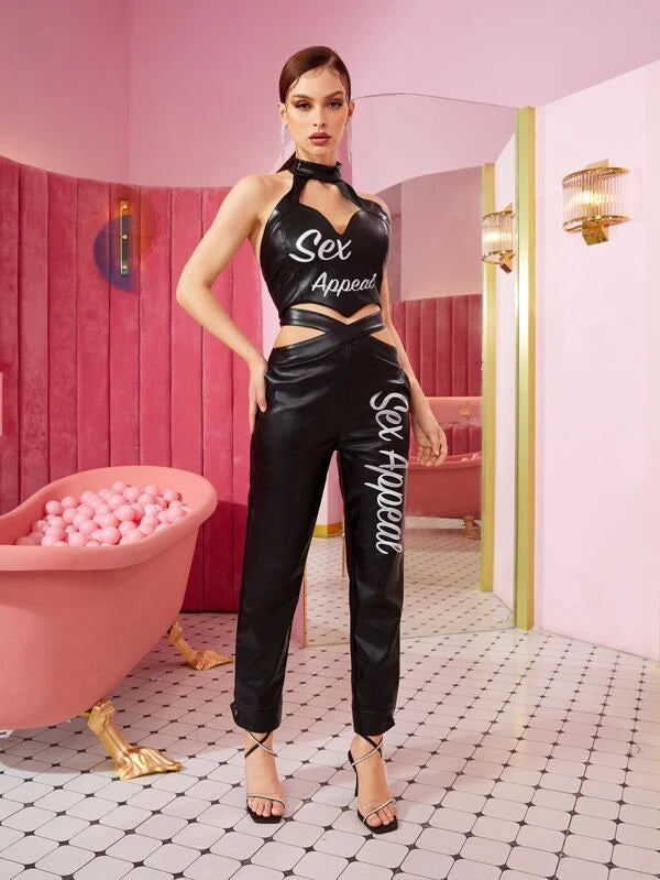 SHEIN X STEFANONI STUDIO Letter Graphic Crisscross Waist PU Leather Pants