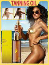 A promotional graphic for a tanning oil product showing a woman in a gold bikini on a beach holding two amber bottles with gold caps. Large text at the top reads 'TANNING OIL,' with product packaging and two small before/after style inset photos on a bright yellow background.